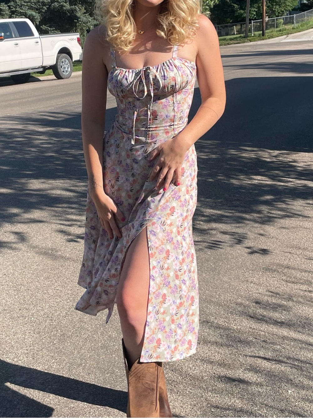 Floral Tie-Front Midi Dress in Cream and Pink